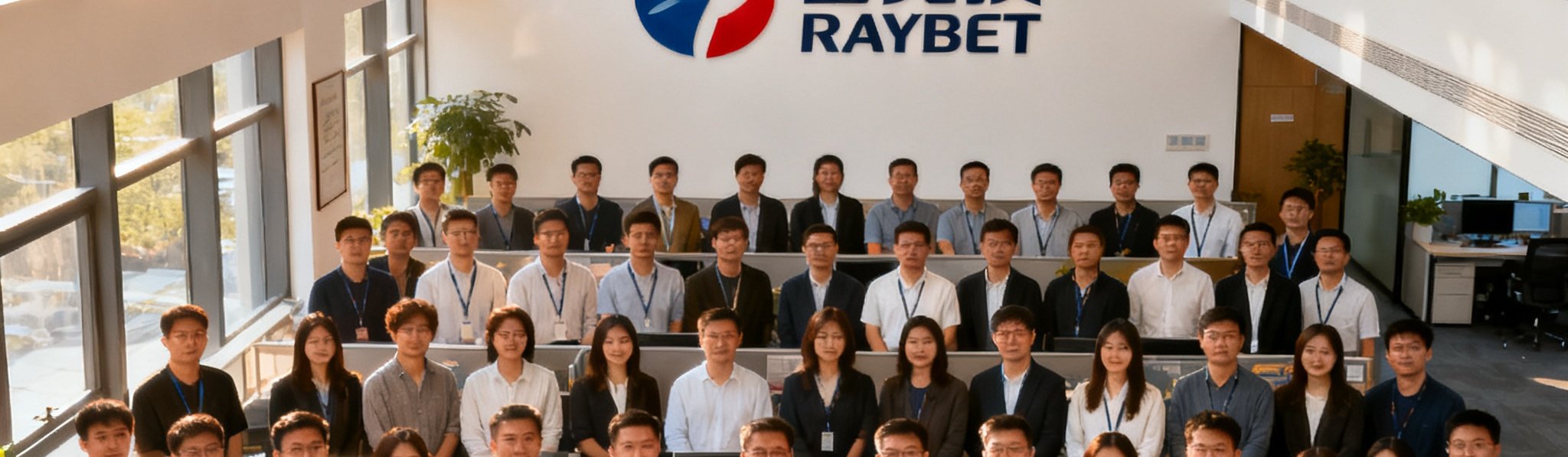 雷竞技RAYBET上海总部办公室的团队合影，约250名员工在开放式办公区排列成三层，背景是印有公司logo的文化墙，墙上挂着历年获得的行业奖项牌匾，阳光透过落地窗洒在员工身上，气氛轻松而专业。